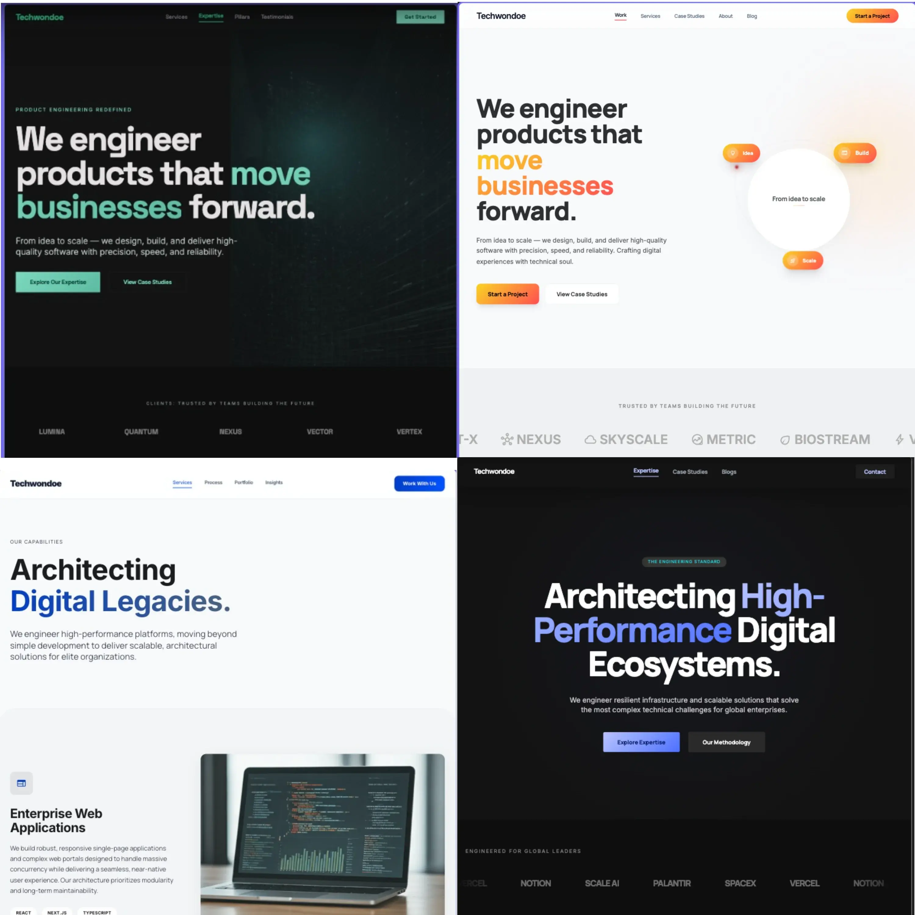 Four Google Stitch homepage design directions compared side by side for layout and visual style selection